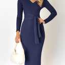 ZESICA Women's 2026 Spring Sweater Dress V Neck Long Sleeve Ribbed Knit Tie Waist Bodycon Slim Fit Midi Dresses (Blue, S)