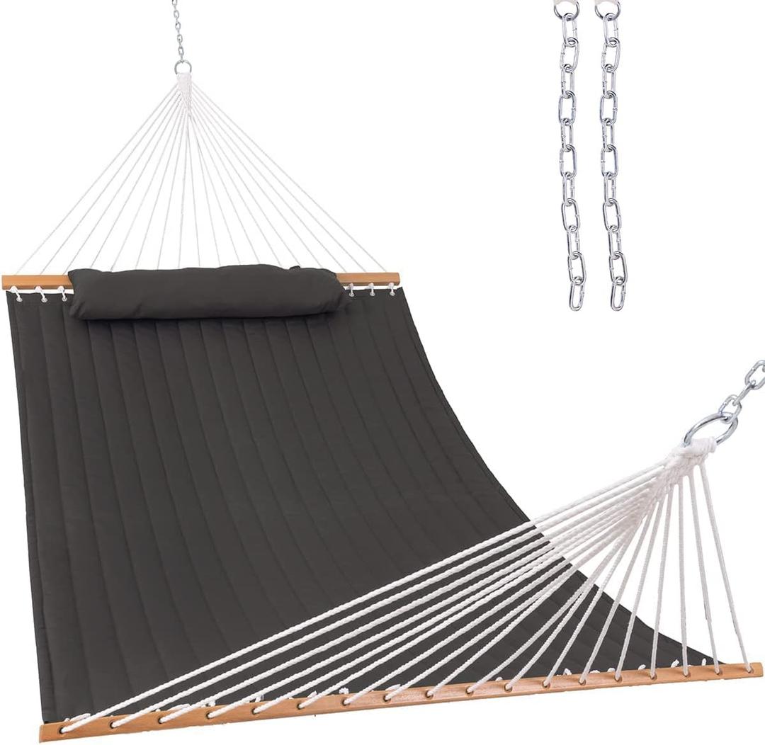 Lazy Daze Hammocks 12 FT Double Quilted Fabric Hammock with Spreader Bar and Detachable Pillow, 2 Person Double for Outside Patio Poolside Backyard Beach, 450lbs Capacity, Gray