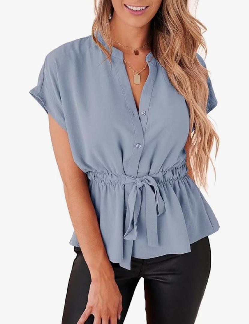 Womens Button Down Blouses Casual Peplum Summer Tops Dressy Chiffon Work Blouse, S
