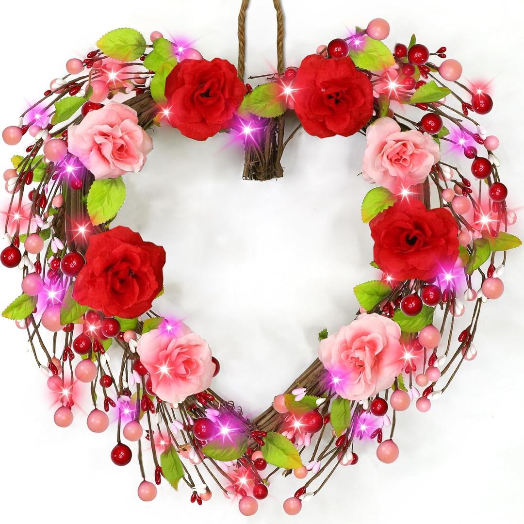 Valentines Day Wreath Decor with 20 Red and Pink Lights Timer, 18 Inch Valentines Wreaths for Front Door Rose Berry Green Leaf, Wood Heart Wreaths for Anniversary Valentines Day Decor Outdoor Indoor