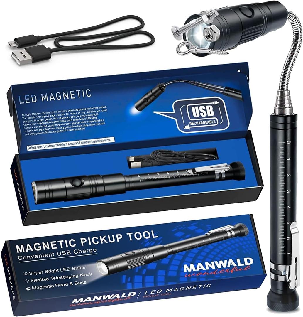 Rechargeable Magnetic Pickup Tool, Gifts for Him Men Husband, Boyfriend, Telescoping Magnetic Flashlights with Extendable Magnet Stick, Cool Gadgets Gifts for Men, Dad