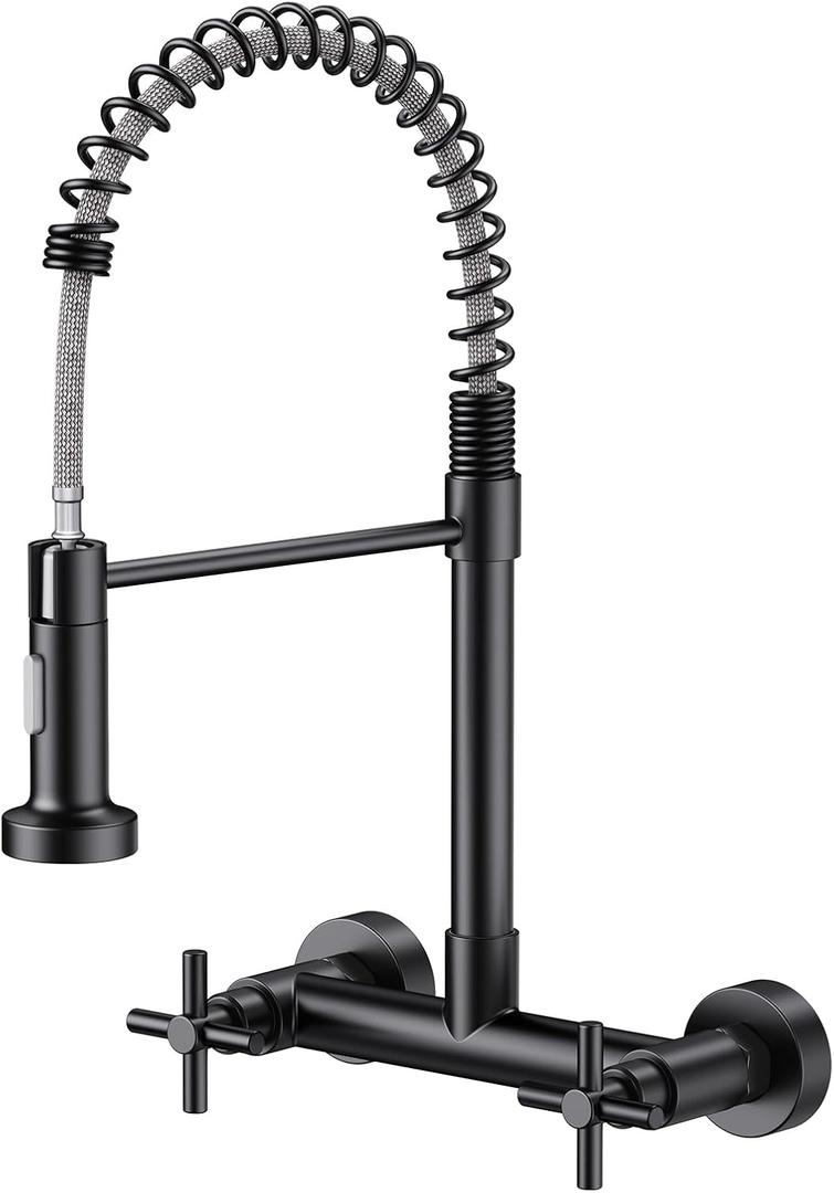 Wall Mount Kitchen Faucet, Hurran Matte Black Kitchen Sink Faucet, 8 Inch 2 Handle Wall Mount Commercial Sink Faucet with Pull Down Sprayer for Kitchen Laundry Room Restaurant
