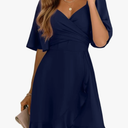 Dokotoo Women's Wrap V Neck Short Flared Sleeve Wedding Guest Dress Smocked Elastic Waist Tiered Belted Ruffle Hem Mini Dress M, Dark Blue