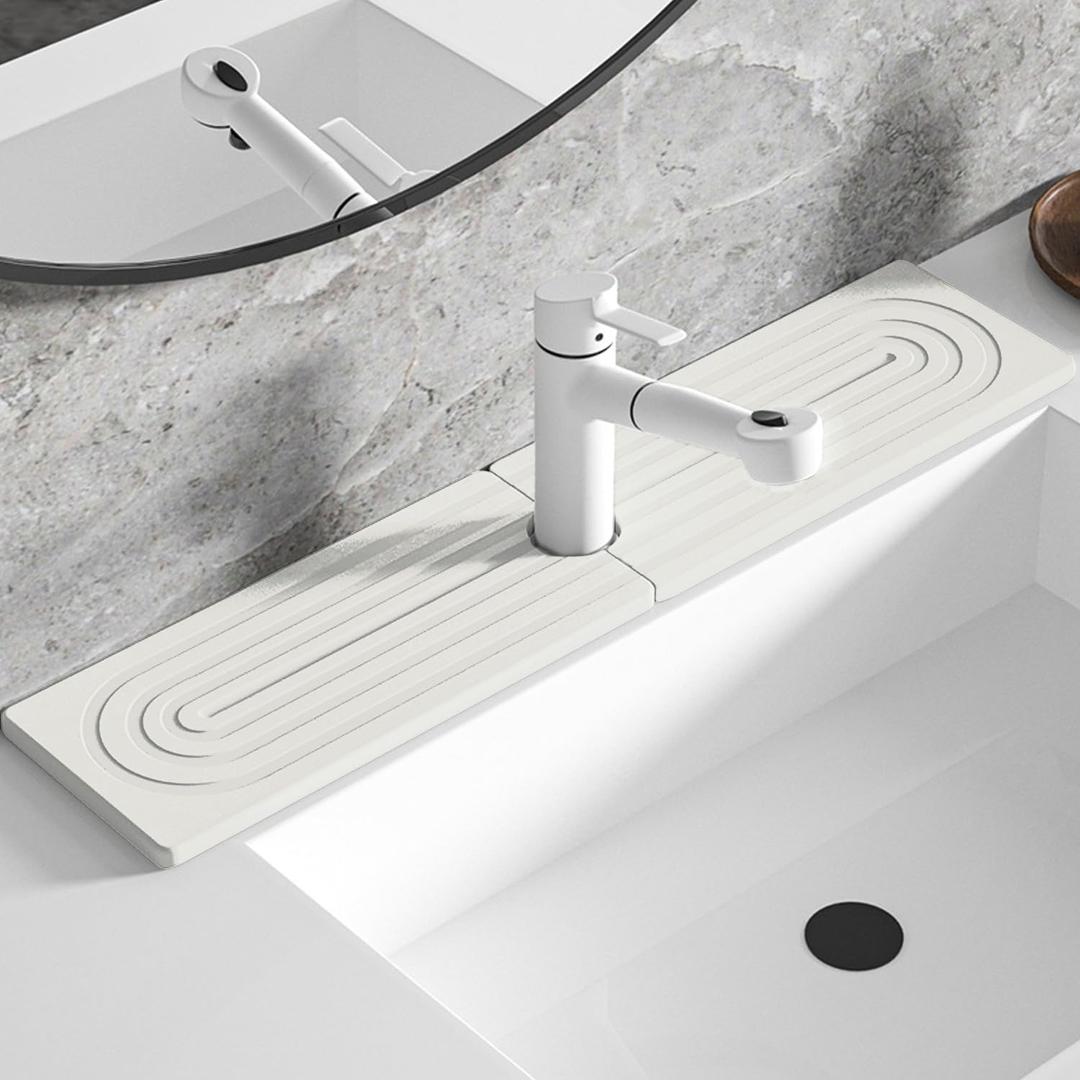 Faucet Mat for Kitchen Sink, Sink Water Splash Guard, Diatomite Stone Sink Tray - Super Absorbent, Prevents Moisture Buildup, Quick Dry Sink Stone for Bathroom Counter (White, Large)