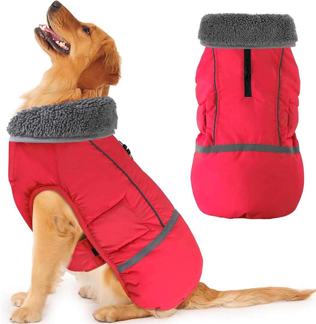 Dogcheer Warm Dog Coat, Christmas Dog Jacket Waterproof Puppy Winter Coat with Buckles, Reflective Adjustable Pet Snow Jacket Turtleneck Fleece Sweater for Small Medium Large Dogs - Red, L