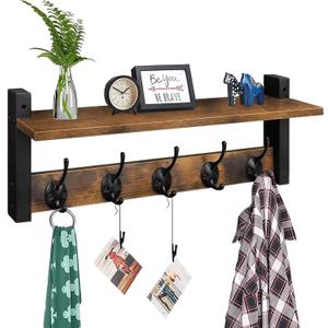 Homode Wall Hooks with Shelf, Wood Coat Rack with Shelf Wall-Mounted, Entryway Hanging Shelves with 5 Metal Hooks for Clothes Hats Towel Purse Robes, Bathroom Mudroom Bedroom, Rustic Brown Black