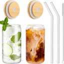 Drinking Glasses with Bamboo Lids and Glass Straw 2PCS Set, 16oz Glass Cups with Lids and Straws, Beer, Iced Coffee Glasses, Soda, Gift 1 Cleaning Brushes