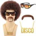 70s Afro Wig for Men with Mustache Glasses and Disco Chain Short Brown Curly Afro Wigs 70s 80s Rock Synthetic Hair Wig for Hippie Rocker Costume Cosplay Halloween Party