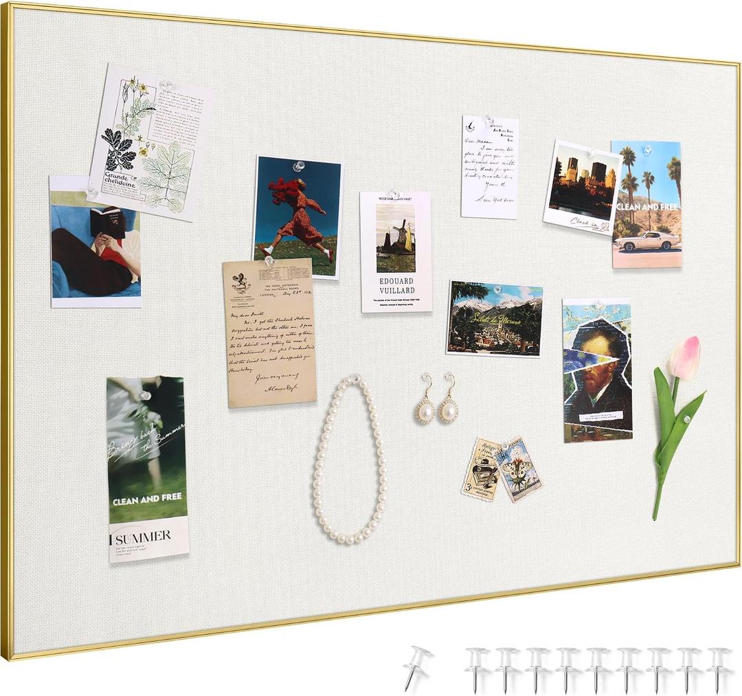 SELEAD Linen Bulletin Board 30” x 20” - Golden Aluminum Frame, Beige Fabric