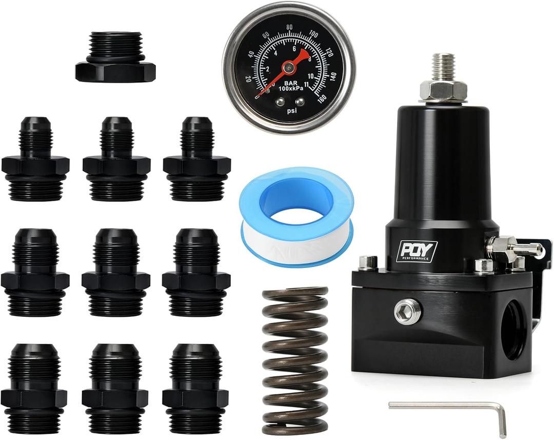 Adjustable Fuel Pressure Regulator Kit 30-140PSI With 10AN Return and 10AN feed Port with AN6 AN8 AN10 Connectors and Gauge (black)