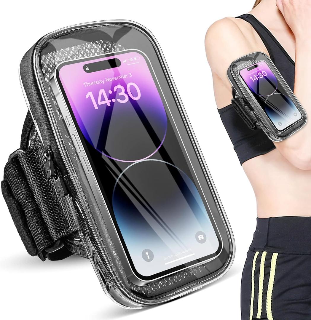 Phone Holder for Running, Armband for iPhone 16 15 14 13 Pro Max 12 11 Plus X Samsung Android Up to 6.9'', Universal Arm Bands Bag with Key Card Pocket for Exercise Walking Workout Fitness (Clear)