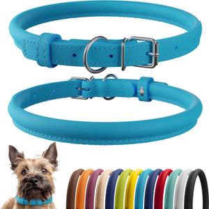 CollarDirect Rolled Leather Dog Collar, Soft Padded Round Puppy Collar, Handmade Genuine Leather Collar Dog Small Large Cat Collars 13 Colors (8-11 Inch, Light Blue Smooth) (Cyan Smooth)