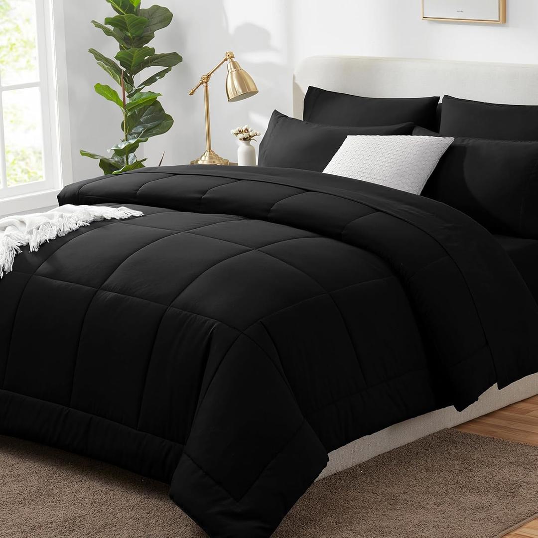 CozyLux Black Twin XL Comforter Set 5 Pieces for Teen Boys and Girls Kids Bedding Set Twin Extra Long Bed Set Bed in a Bag with All Season Quilted Comforter, Flat Sheet, Fitted Sheet, Pillowcases