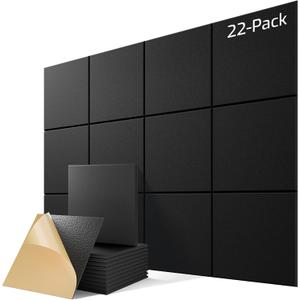 22 Pack Self-Adhesive Acoustic Panels, 12" X 12" X 0.4" High-Density Sound Proof Foam Panels for Walls, Soundproof Wall Panels for Home & Office (Black)