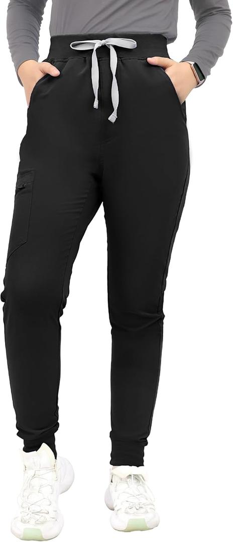Kitmaz High Waisted Scrub Pants for Women - 4-Way Stretch Anti-Wrinkle Medical Slim Fit Jogger Pants, Drawstring & 5 Pockets (X-Large, Black)