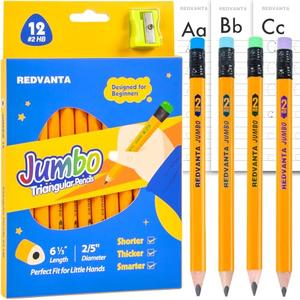 REDVANTA Pre-sharpened Jumbo Pencils #2 for Toddlers, Triangular Fat pencils with Erasers for Preschoolers, Beginners, Kindergarten, School 7 Count