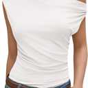 Cicy Bell Womens Summer Off One Shoulder Tank Tops Asymmetrical Ruched Tops | Going Out, Sleeveless Shirts, Cowl Neck, Slim Fit, Trendy, Elegant, Chic, Unique, Club (White, M)