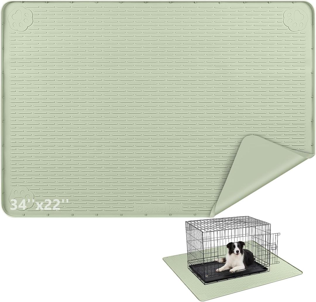 Silicone Dog Crate Mat, 34"x 22" Under Dog Crate Kennel Pad with Raised Edge, Washable Dogs Bed Mat, Waterproof, Leakproof, Protect Floors (Green)