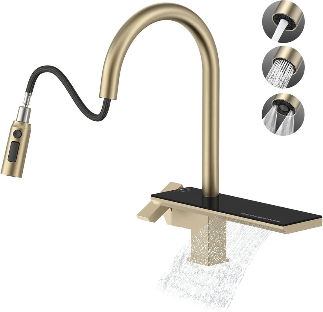 MBILLION Waterfall Kitchen Faucet with Pull-Down Magnetic Sprayer Brushed Gold, Stainless Steel, 4 Functions, Single-Hole Mount, Built-in Shelf, 360 Rotation Farmhouse Commercial RV Bar Sink Faucet