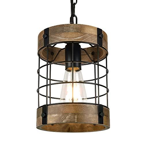 Rustic Pendant Light Fixtures, Farmhouse Kitchen Wood Hanging Lighting, Industrial Round Cage Chandelier for Entryway Hallway Dining Room Bedroom Foyer