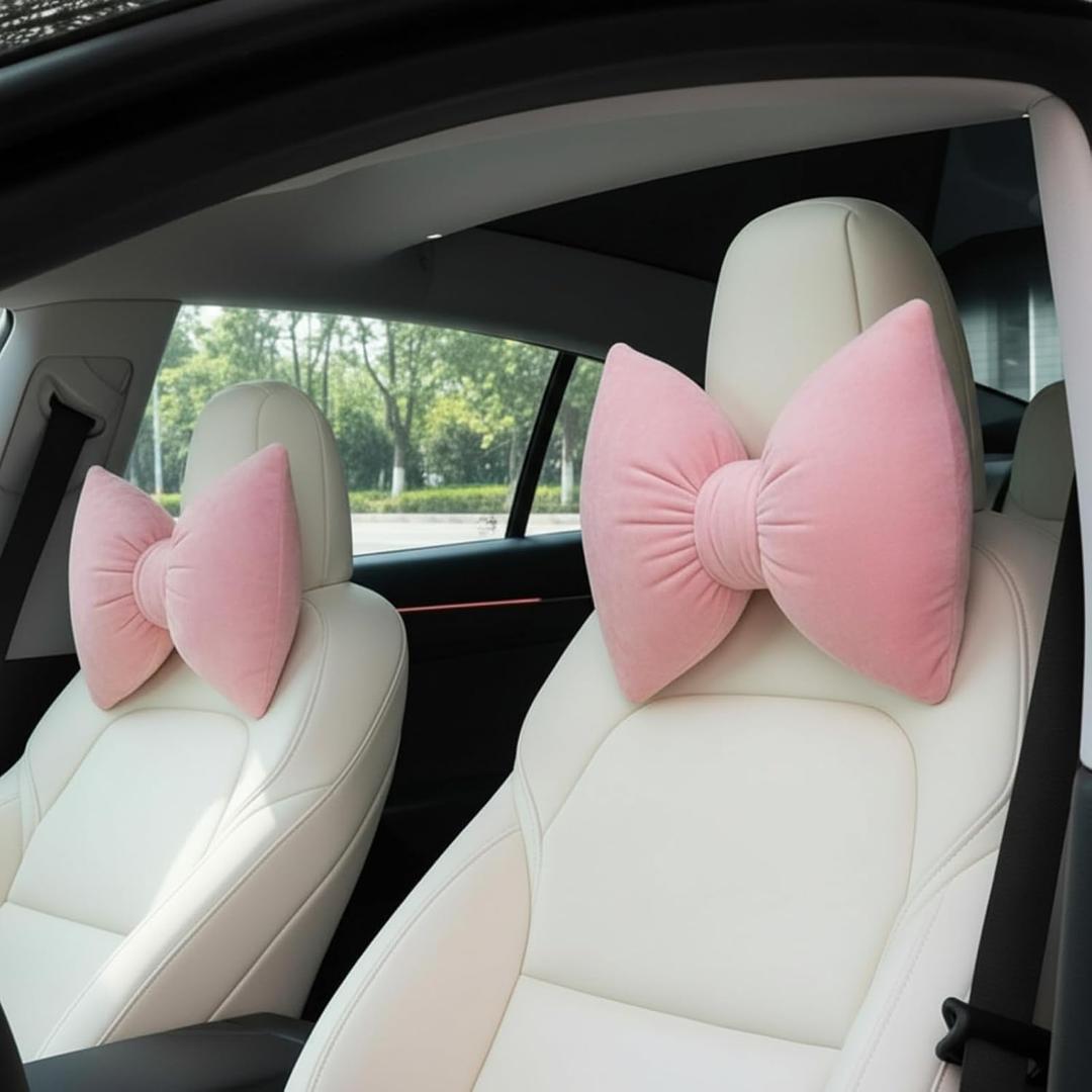 Macarrie 2 Pcs Car Neck Pillow Velvet Bow Headrest Pillow Soft Comfortable Seat Neck Support Cute Bow Car Accessories for Driving Travel Driver Chair Girl Style Interior Decor(Pink)