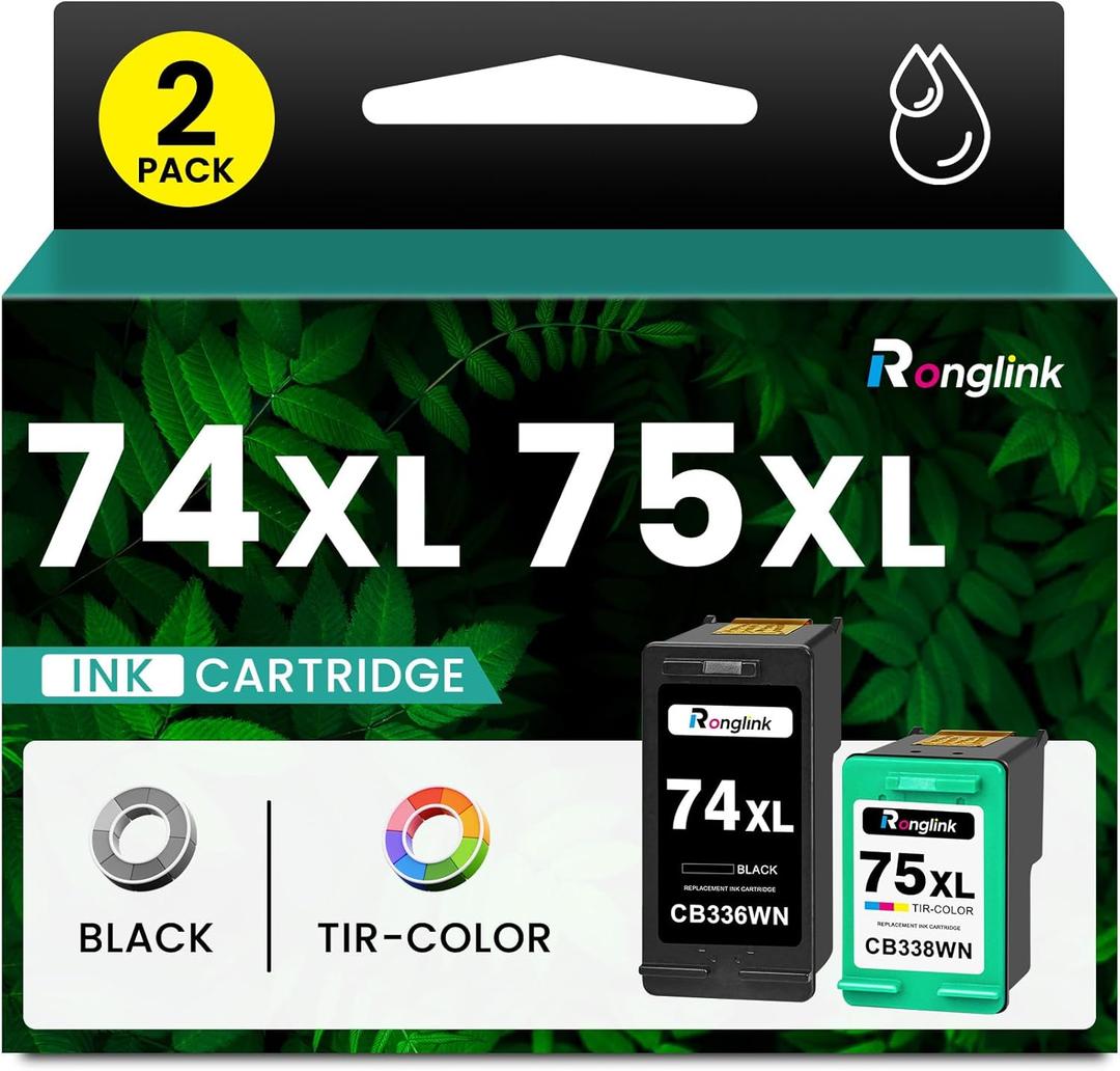 74 75 Ink Cartridges Combo Pack Replacement for HP 74XL 75XL Ink Cartridge for Photosmart C4280 C4250 DeskJet D4260 D4280 OfficeJet J5780 J6480 Printer Ink 74/75, 1 Black CB336WN, 1 Tri-Color CB338WN
