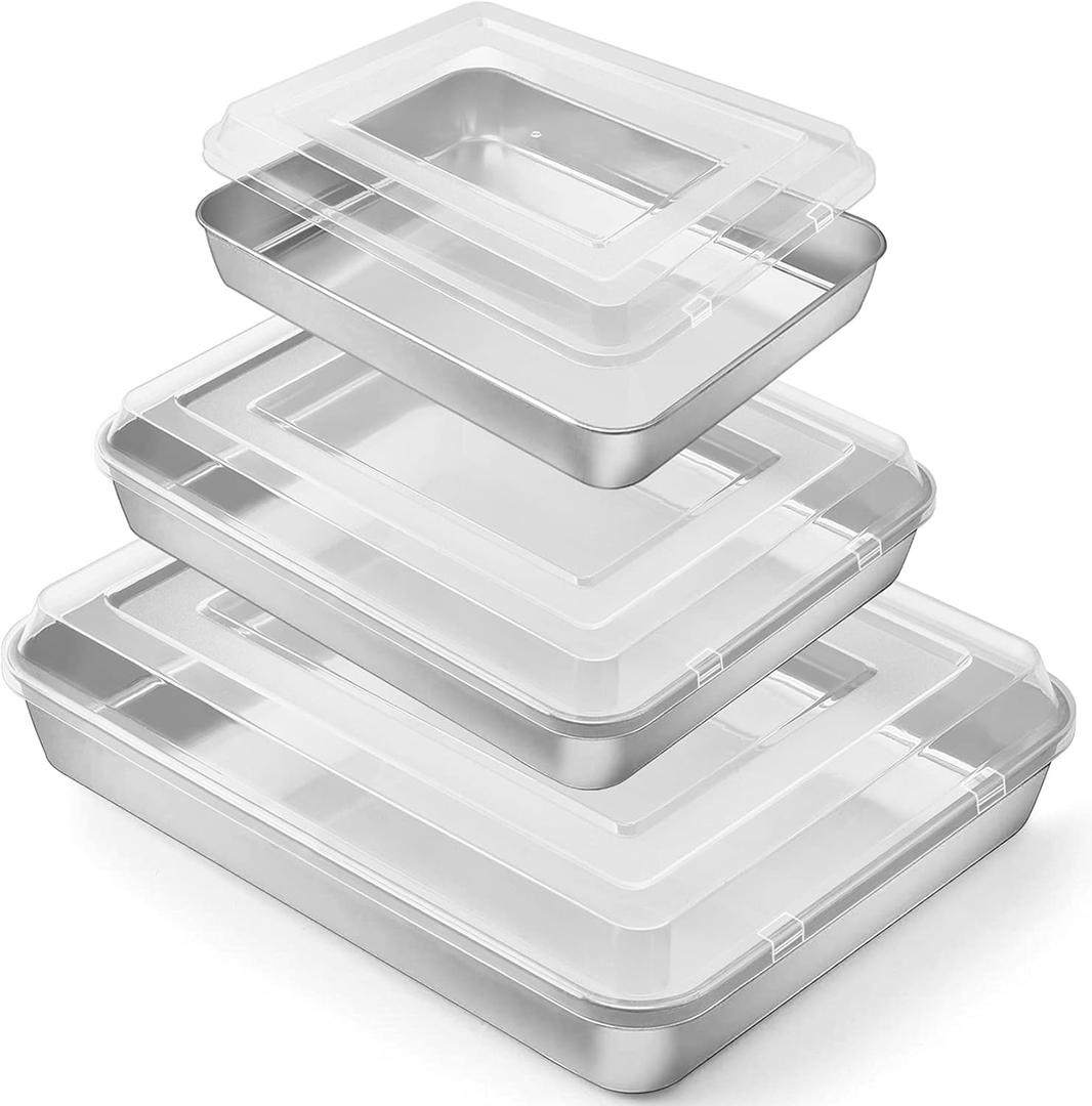 P&P CHEF Stainless Steel Baking Pan with Lid, Rectangular Cake Pans, Sheet Pan Bakeware for Baking Lasagna Brownies, 2-Inch Deep Side & Heavy Duty, Easy to Store & Clean (9.4" + 10.5" + 12.3", 6Pcs)