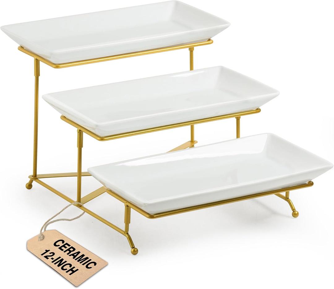 LAUCHUH 3 Tier Serving Tray, Porcelain Serving Platter Tier Serving Stand with Collapsible Sturdier Rack, Serving Trays and Platters Dessert Party Display Set for Mother's Day, Gold, 12 Inch