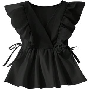 SHENHE Women's Ruffle Sleeve Tie Waist Drawstring Tops Summer V Neck Elegant Blouse Dressy Crop Tank Top (Black, S)