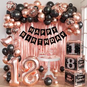 Rose Gold 18th Birthday Decorations for Girls Women - Happy 18 Birthday Party Supplies Include 3pcs Balloon Boxes, Number 18 Foil Balloons, Fringe Curtains, Black Pink Garland Arch Kit - Photo Props
