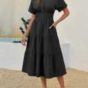 Wenrine Womens Summer Short Sleeve Maxi Dresses Casual V Neck Smocked Loose Tiered Flowy Shirt Dress with Pockets (Black, XL)