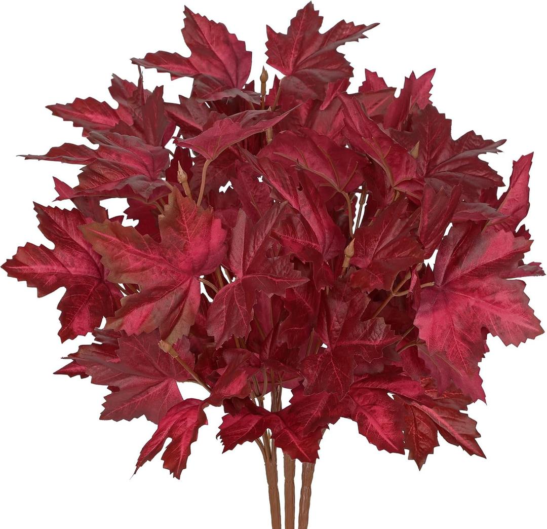 Hollyone 3Pcs Artificial Maple Leaves Short Branches Fall Greenery Branch Fake Fall Leaves Stems Plants Faux Maple Shrubs Leaf Bushes Table Centerpieces Autumn Halloween Festival Party Decorations, Red
