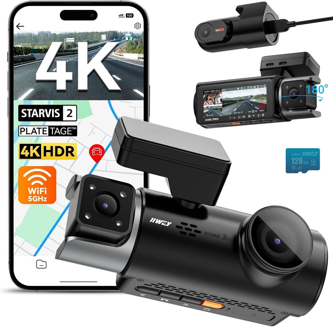 IIWEY 4K Dash Cam 3 Channel, Triple STARVIS 2 Sensors (IMX678 Front, IMX675 Cabin & Rear), 4K+2K+1080P HDR, Night Vision 3.0, PlateTag AI for Plate Clarity, 5GHz WiFi, GPS, Parking Mode, 128GB Card In (Deep black)