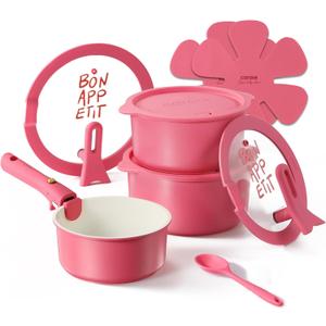CAROTE Ceramic Sauce Pan Sets with Stand-Up Lid 2QT& 3QT & 4QT, 11 Piece NonStick Kitchen Cookware Sets with Detachable Handle, Non Toxic Cooking Pot, Oven Safe, Induction Ready, Pink
