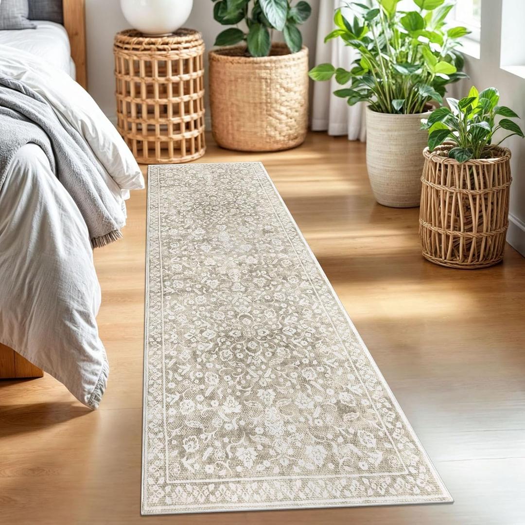 Vintage 2x7 Runner Rug, Beige Washable Runners for hallways, Super Soft Kitchen Runner Rug Non Slip, Print Faux Wool Floral Thin Carpet Runner for Entryway Indoor Bedroom Bedside Runner