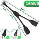 Elecan 3-Prong Y Splitter Power Extension Cord 1 FT, 45-Degree Angled Flat Plug 1 to 2 Way Outlet Space Saver, Heavy Duty Weatherproof SJTW, 16AWG 13A, 5-15P Cable Extender for Indoor Outdoor-ETL