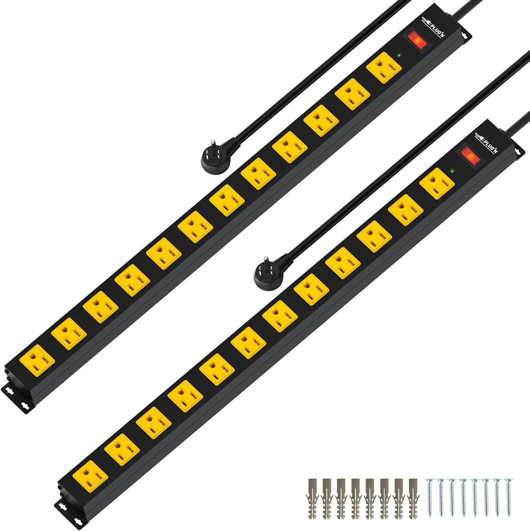 12 Outlet Long Power Strip, 2100 Joules Surge Protector, 6FT Power Cord, Wide Spaced Outlet Power Bar, Overload Protection Switch, Industrial Heavy Duty for Work Bench, Shop, Garage, 2 Pack…