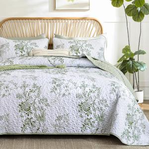 WONGS BEDDING Green Floral Quilt Set Queen,Botanical Leaf & Butterfly Pattern Quilts Bedspread Coverlet Set,Soft Beautiful Farmhouse Plants Quilts Bedding Set, Queen 96"90"