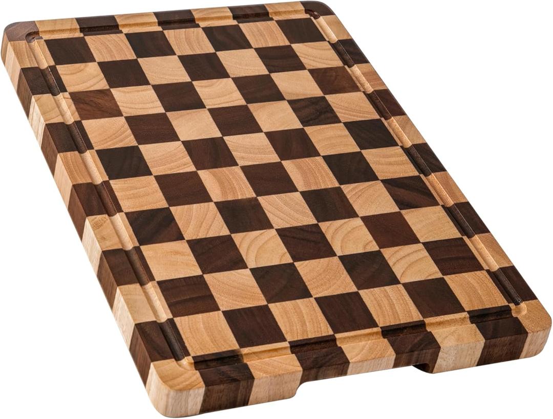 Cutting Boards for Kitchen, Checkered Cutting Board Upgraded, Acacia Wood Chopping Board with Juice Grooves & Handles, Large Butcher Block Serving Tray with Gift Box, 17"X12"X0.8"
