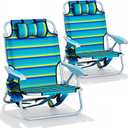 2PCS Portable Beach Chair for Adults, Outdoor Lightweight Camping Chair, 5-Position Lay Flat Reclining Backpack Beach Chair with Headrest, Cup Holder, Zipper Pouch & Storage Pocket, Striped