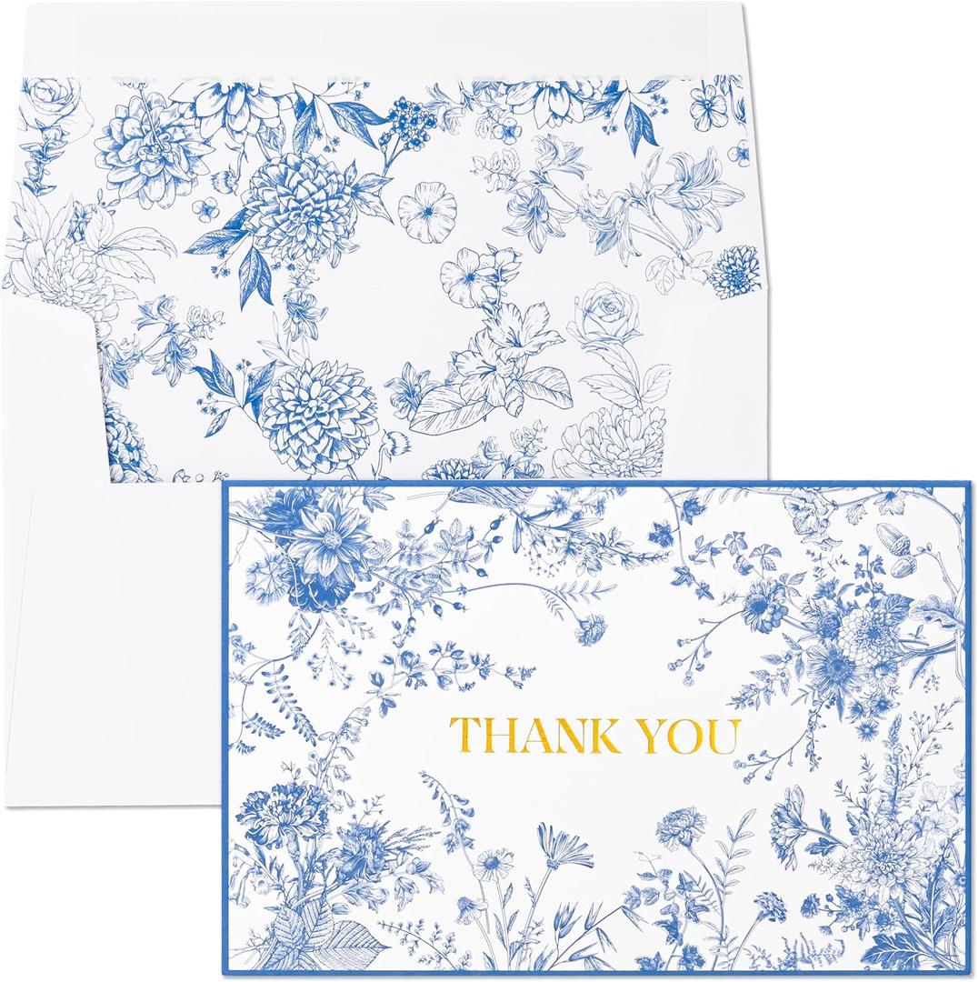 Crisky 50 Pack Blue Floral Thank You Cards Gold Foil Greeting Notes Bulk with Envelopes & Stickers for Birthday, Baby Shower, Bridal Shower, Wedding, Graduation, Business