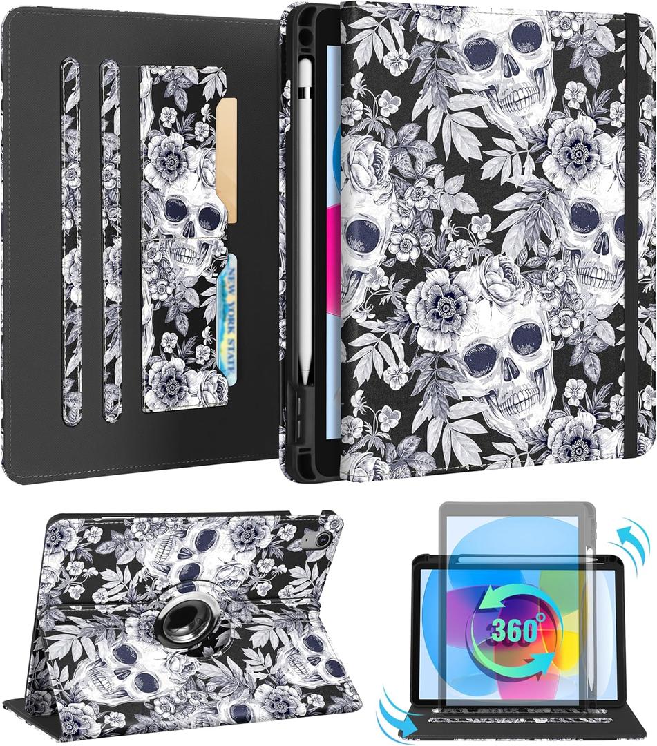 Kidcube for iPad 10th Generation Case 2022, for iPad (A16) Case 11th Generation 2025 - for Women Girls Cute Rotating Stand Folio Cover with Pencil Holder & Card Slot Flowers Goth Skull Design Cases