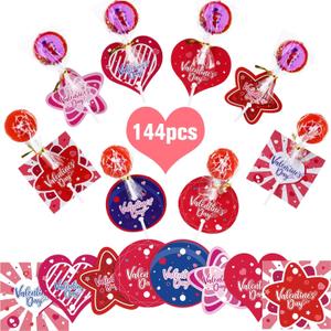 Yexiya 144 Pcs Valentines Day Cards Valentines Candy Holder Lollipop Holders Heart Greeting Paper Cards for Gift Kids School Classroom Party Favors Exchange Treat, 8 Styles