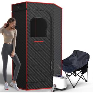 Portable Sauna Box, Steam Sauna for Home with 3L Steamer, Remote Control, Folding Chair and Mat, Personal Sauna Tent for Wellness & Relaxation, 15 Levels, Red