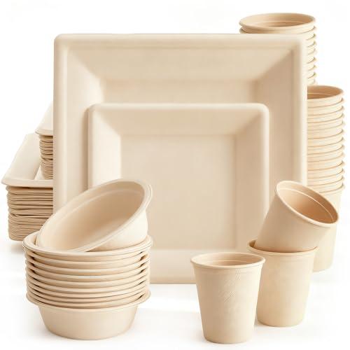 Havawish 100 Pack Compostable Paper Plates and Bowls Set, 10in & 8in Heavy Duty Sugarcane Disposable Plates 12 oz Biodegradable Cups and Paper Bowls, Party Dinner Tableware Supplies
