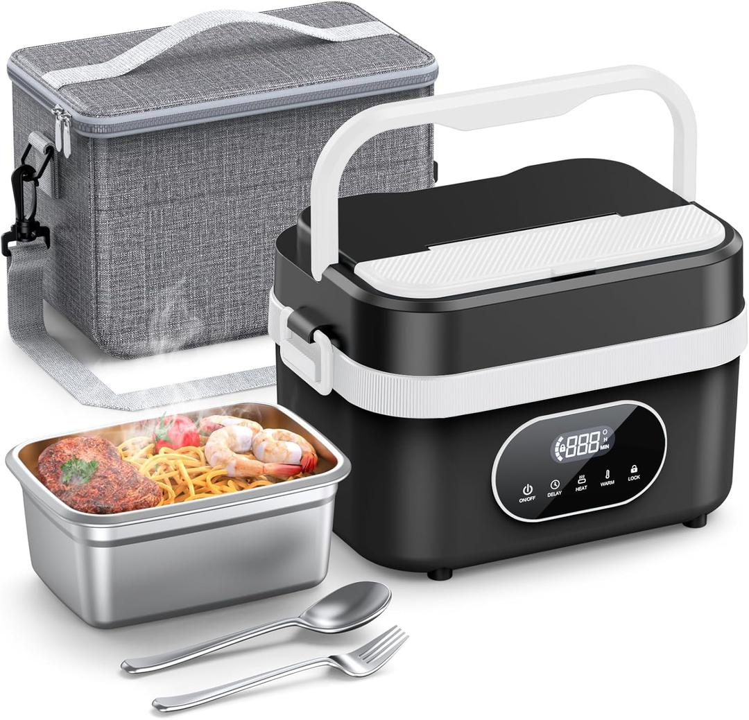 Cordless Electric Lunch Box for Adults, 18000mAh Rechargeable Portable Self-Heating Lunch Box Food Warmer, 1.5L(6 Cups) Container for Outdoor, Work, Office, Camping, Travel(BlackWhite) (Large)