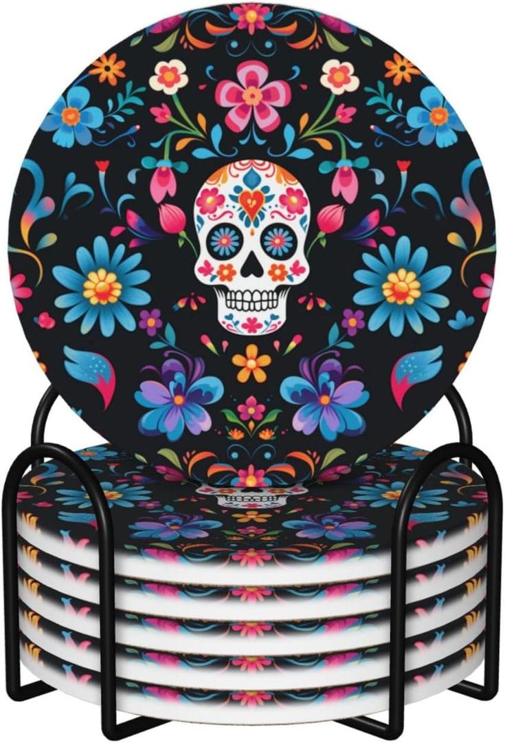 6 Pcs Ceramic Coasters with Holder Absorbent Drink Round Mexican Sugar Skulls Flowers Design for Home Table Coffee Cup Beer Bar,Size 4.4 inches