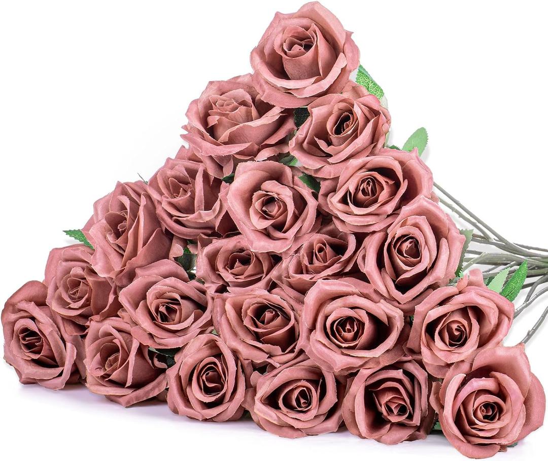 Hotop 20 Pcs Artificial Rose Flowers with Long Stem,Real Touch Silk Realistic Plastic Bouquet Roses Bulk for Home Decor Bridal Wedding Party Table Centerpieces Decorations(Dusty)