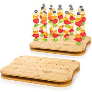 2 Pack Bamboo Skewer Holder, 90 Holes Fruit Kabobs Cocktail Pick Stand, Appetizer Food Display Serving Curved Board for Party, Buffet, Catering Event