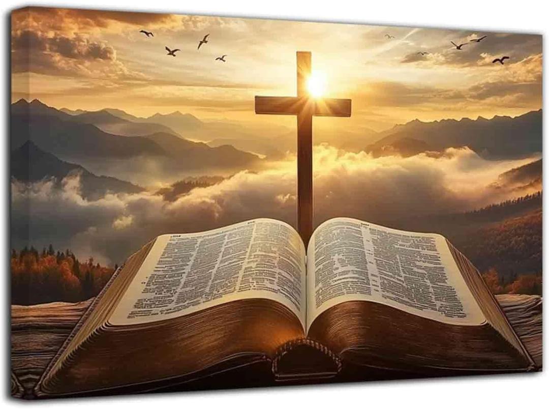 ZXHYWYM Christian Pictures Jesus Wall Art Bible and Cross Painting Sunrise Landscape Canvas Prints Religious Spirit Scripture Poster Living Room Office Decor (16" x 24"), 24L" x 16W"